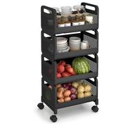Sekey Carrito de Almacenamiento, Carro de Cocina con 4 Niveles, Metal, Asa, Ruedas de Goma 360° con Freno, Antirroños, Carro Almacenaje para Cocina, Baño, Sala, Oficina, Dormitorio, Negro