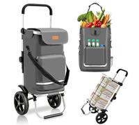 Sekey Carrito de la Compra Plegable 3 en 1 con Bolsa Térmica, Bandolera, Correa y Porta Botellas, Utilizable como Trolley o Carretilla, Grande Capacidad, Ideal para la Compra Diaria y Camping - Gris