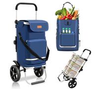 Sekey Carrito de la Compra Plegable 3 en 1 con Bolsa Térmica, Bandolera, Correa y Porta Botellas, Utilizable como Trolley o Carretilla, Grande Capacidad, Ideal para la Compra Diaria y Camping - Azul