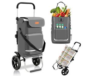 Sekey Carrito de la Compra Plegable 3 en 1 con Bolsa Térmica, Bandolera, Correa y Porta Botellas, Utilizable como Trolley o Carretilla, Grande Capacidad, Ideal para la Compra Diaria y Camping - Gris
