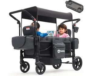 Sekey Carrito plegable con techo para 2 niños, doble asiento con 2 cinturones integrados de 5 puntos, color negro