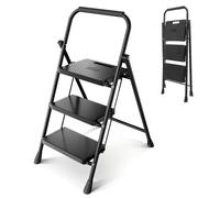 Sekey Escalera 3 Peldaños Plegable, Marco de Acero, Peldaños de Plástico Antideslizantes, para Hogar y Cocina, TÜV y SGS, EN 131-2 y 14183, Soporta hasta 150 kg, Negro