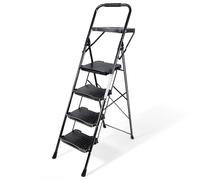 Sekey Escalera Plegable 4 Peldaños, con Pasamanos, Antideslizante, Bandeja Portaherramientas, Escalera Doméstica Resistente, Carga 150 kg
