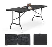 Sekey Mesa de Buffet Plegable de plástico, 180 x 74 x 74 cm, Aspecto de ratán, con asa, para jardín, terraza y balcón, para 6 Personas (Negro)