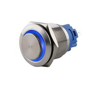 SeKi Interruptor de presión de acero inoxidable de 16 mm de diámetro, forma de cabeza sobresaliente, anillo LED iluminado de colores, ojal de soldadura en azul, conector plano de 0,5 x 2,8