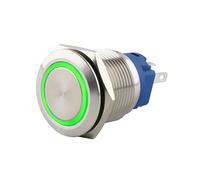 SeKi Interruptor de presión de acero inoxidable de 16 mm de diámetro, forma plana de cabeza plana, anillo LED iluminado en color verde, conector plano de 0,5 x 2,8