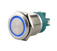SeKi Interruptor de presión de acero inoxidable de 22 mm de diámetro, forma plana de cabeza plana, anillo LED iluminado de colores, conexión roscada en azul
