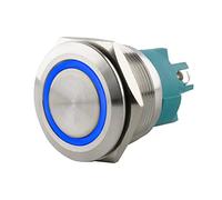 SeKi Interruptor de presión de acero inoxidable de 25 mm de diámetro, forma plana de cabeza plana, anillo LED iluminado en color azul conexión roscada