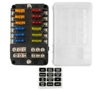SeKi Portafusibles de 12 compartimentos para coche con indicador LED, incluye 12 fusibles planos de 3 x 5 A, 3 x 10 A, 3 x 15 A, 3 x 20 A; caja de fusibles para coche, barco, camión