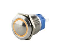 SeKi Pulsador de acero inoxidable de 16 mm de diámetro, forma de cabeza curvada, anillo LED iluminado de colores, en ojales de soldadura amarillos, conector plano de 0,5 x 2,8; pulsador de timbre
