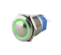 SeKi Pulsador de acero inoxidable de 16 mm de diámetro, forma de cabeza curvada, anillo LED iluminado de colores, en ojales de soldadura verdes, conector plano de 0,5 x 2,8 cm; pulsador de timbre