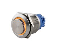 SeKi Pulsador de acero inoxidable de 16 mm de diámetro, forma de cabeza sobresaliente, anillo LED iluminado de colores, en ojales de soldadura amarillos, conector plano de 0,5 x 2,8 cm; pulsador de