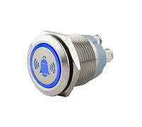 SeKi Pulsador de acero inoxidable de 19 mm de diámetro con forma de cabeza plana, símbolo de campanas iluminadas de colores en azul conector de rosca.