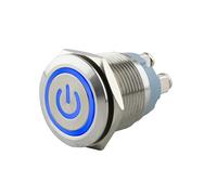 SeKi Pulsador de acero inoxidable de 19 mm de diámetro con forma de cabeza plana, símbolo de potencia iluminado en color azul, conexión roscada.