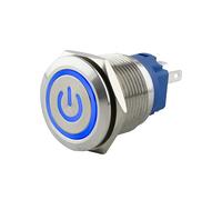 SeKi Pulsador de acero inoxidable de 19 mm de diámetro con forma de cabeza plana, símbolo de potencia iluminado en color azul, ojal de soldadura/conector plano de 0,5 x 2,8, pulsador de timbre.