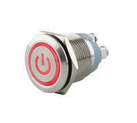 SeKi Pulsador de acero inoxidable de 19 mm de diámetro con forma de cabeza plana, símbolo de potencia iluminado en color rojo, conector de rosca.