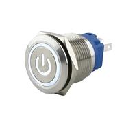 SeKi Pulsador de acero inoxidable de 19 mm de diámetro con forma de cabeza plana, símbolo de potencia iluminado en color blanco, ojal para soldar, conector plano de 0,5 x 2,8, pulsador de timbre.