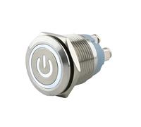 SeKi Pulsador de acero inoxidable de 19 mm de diámetro con forma de cabeza plana, símbolo de potencia iluminado en color blanco, conexión roscada.