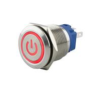 SeKi Pulsador de acero inoxidable de 19 mm de diámetro, forma de cabeza plana, símbolo de potencia iluminado en color rojo, ojal de soldadura/conector plano de 0,5 x 2,8, pulsador de timbre.