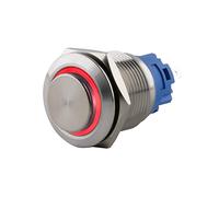 SeKi Pulsador de acero inoxidable, diámetro de 16 mm, forma de cabeza sobresaliente, anillo LED iluminado de colores, en ojales de soldadura rojos, conector plano de 0,5 x 2,8 cm; pulsador de timbre