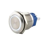 SeKi Pulsador de acero inoxidable, diámetro de 19 mm, forma de cabeza plana, anillo LED iluminado en color blanco con ojales, conector plano de 0,5 x 2,8, conector de 0,5 x 2,8 cm; pulsador de timbre