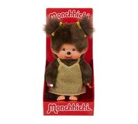 Sekiguchi 204038 - Monchhichi Original niña con Vestido Dorado Brillante, Peluche de Aproximadamente 20 cm de Altura, de Felpa marrón