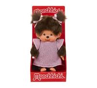 Sekiguchi 204052 - Niña Monchhichi Original con Vestido Rosa Brillante, Peluche de Aproximadamente 20 cm de Altura, de Felpa marrón