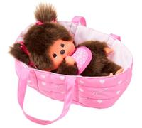 Sekiguchi 204069 - Niña Monchhichi Original con Peto Rosa con Corazones y Cuna, Peluche de Aproximadamente 20 cm de Altura Fabricado en Felpa marrón