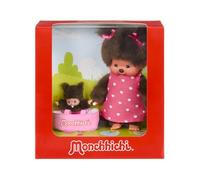Sekiguchi 204076 - Monchhichi Original niña con Vestido Rosa con Corazones y Bebichhichi en Cuna, Peluche de Aproximadamente 20 cm de Altura Fabricado en Felpa marrón