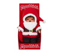 Sekiguchi 204083 - Niño Monchhichi Original con Traje de Papá Noel y Barba, Peluche de Felpa marrón de Unos 20 cm