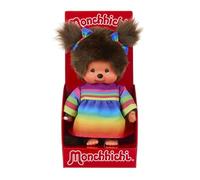 Sekiguchi 204090 - Monchhichi Original niña con Vestido arcoíris, Peluche de Felpa marrón de Aprox. 20 cm