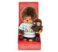 Sekiguchi 220960 - Original Monchhichi niño, Figura de Peluche papá con niño, Super papá, Aprox. 20 cm de Altura Peluche de Felpa marrón