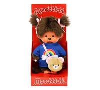 Sekiguchi 233724 - Original Monchhichi niña, Camiseta Arco Iris con Bolso y Lazos, Peluche de 20 cm de Altura Aprox. de Felpa marrón