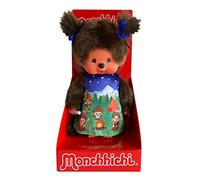 Sekiguchi 243082 - Original Niña Monchhichi, Figura de Peluche con Vestido y Coletas con Lazos, de Unos 20 Cm de Altura Peluche de Felpa Marrón