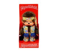 Sekiguchi 252886-Original Monchhichi niño Flower Power en Naranja, Amarillo y Azul, Peluche de 20 cm de Altura Aprox. de Felpa marrón, Multicolor, One Size (252886)