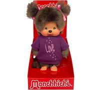 Sekiguchi 253814-Original Monchhichi niña con Camiseta 'Love' y Lazos en el Pelo, Peluche de 20 cm de Altura Aprox. de Felpa marrón, Multicolor, 20 x 11 x 9 cm (253814)