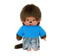 Sekiguchi 253852-Original Monchhichi niño con Vaqueros y Camiseta, Peluche de 20 cm de Altura Aprox. de Felpa marrón, Multicolor, 20 x 11 x 9 cm (253852)