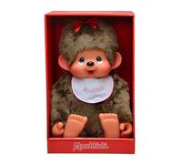 Sekiguchi- Animales de Cine y Television 255630-Monchhichi Original niña, Babero Blanco y Rosa y Lazo Rojo en el Pelo, Peluche de Aprox. 80 cm de Altura, de Felpa marrón, Multicolor, One Size (255630)