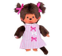 Sekiguchi Monchhichi 223589 - Peluche para niña con Vestido de Rayas Rosas y Blancas y Trenzas con Lazos, Aprox. 20 cm de Peluche marrón