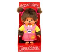 Sekiguchi - Niña Monchhichi Original, Aprox. 20 cm | Peluche con vestido de peto y cara de conejo, peluche de felpa marrón, 203888