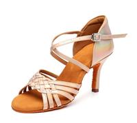 sekiueo Zapatos De Baile De Salón Mujer Zapatos Latinos De Salsa Y Tango con Punta Abierta De Charol con Correa Al Tobillo Y Tacón Alto para Practicar,Gold 8.5,39 EU
