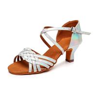 sekiueo Zapatos De Baile De Salón Mujer Zapatos Latinos De Salsa Y Tango con Punta Abierta De Charol con Correa Al Tobillo Y Tacón Alto para Practicar,Silver 5.5,41 EU