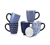 Selamica Juego de tazas de café de porcelana de 16 onzas, taza de té de cerámica con asa, apta para lavavajillas, horno, microondas, paquete de 6, azul vintage