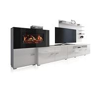 SelectionHome - Mueble salón comedor con chimenea eléctrica, acabado Blanco Mate y Blanco Brillo Lacado, medidas: 290 x 170 x 45 cm de fondo