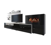SelectionHome Mueble Salón Comedor con Chimenea Eléctrica, Acabado en Blanco Mate y Negro Brillo Lacado, Medidas: 290 cm (Ancho) x 170 cm (Alto) x 45 cm (Fondo)