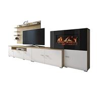 SelectionHome Mueble Salón Comedor con Chimenea Eléctrica, Acabado en Blanco Mate y Roble Claro Cepillado, Medidas: 290 cm (Ancho) x 170 cm (Alto) x 45 cm (Fondo)