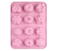 Selecto Bake Molde de silicona de 12 cavidades, flor 3D, corazón, fruta, forma de estrella, molde para hornear pasteles, bandeja para bricolaje, postre, pastel, magdalenas, pudín,