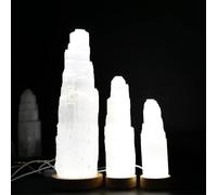 Selenita USB Lámpara de mesa Selenita Lámpara de Mesa LED Luz Blanca con Base de Madera Torre de Carga Selenita Cristal Lámpara de Noche Piedra Preciosa Lámpara Limpieza Decoración del Hogar (30 cm)