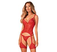 Selente Love & Fun - Conjunto de lencería para Mujer (3 Piezas, con Sujetadores, Tanga y Venda de satén, Punta roja., S-M