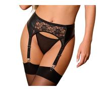 Selente Love & Fun - Conjunto de lencería seductora para mujer de liguero y tanga/medias fabricadas en la UE, Encaje negro-piel sintética, S-M